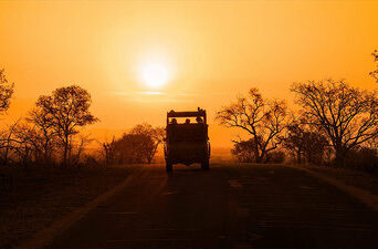 Safarijeep i solnedgång